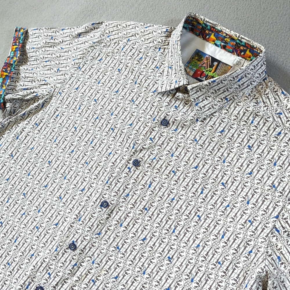 Robert Graham Viva Cuba Shirt Mens 2XL White Guitar Print Short Sleeve Cotton